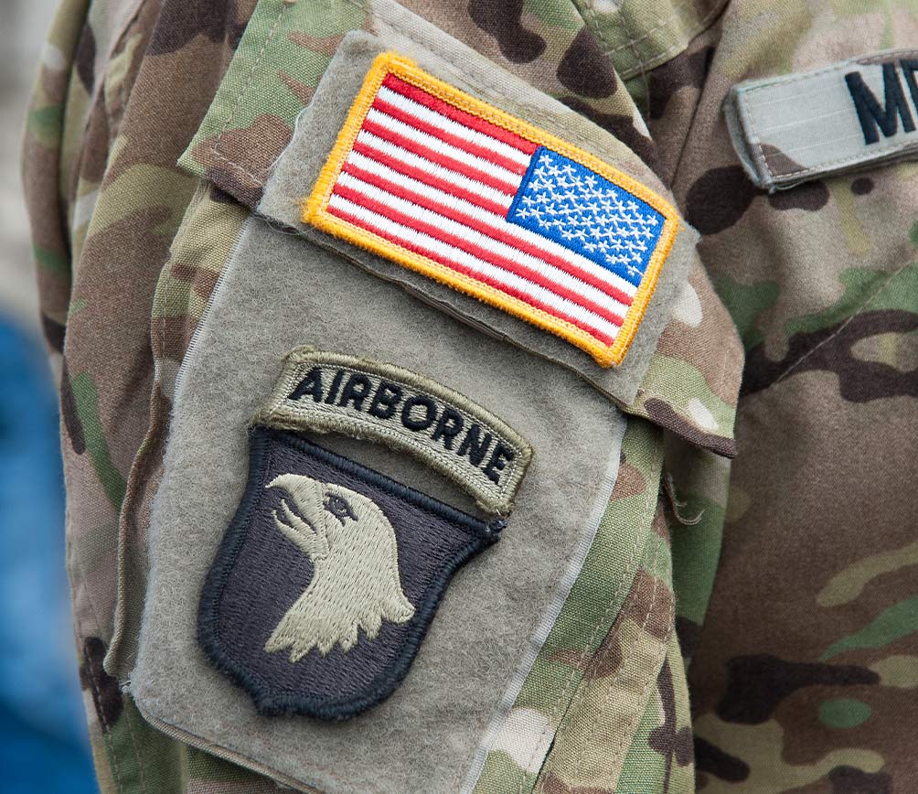 Airborne patch on shoulder of military uniform